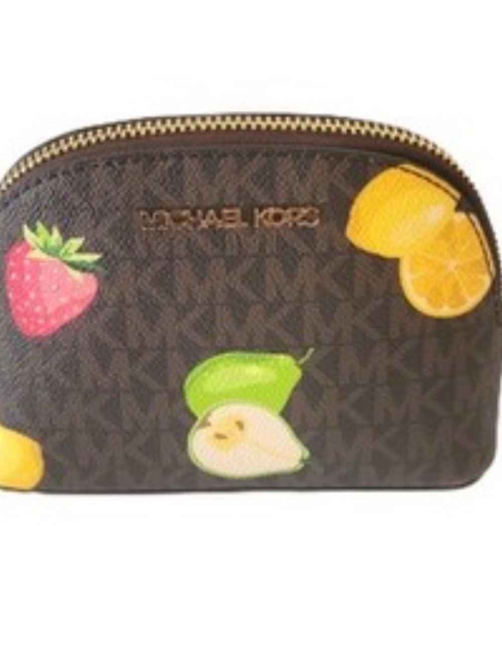 NWT Michael Kors Small Jet Brown Cosmetic Pouch-Pink/Green/Yellow Fruit Print